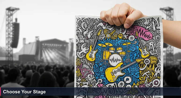 Close-up of a hand holding a crumpled Lowlands festival lineup poster, with blurred crowds in the background, representing bootcamp selection.