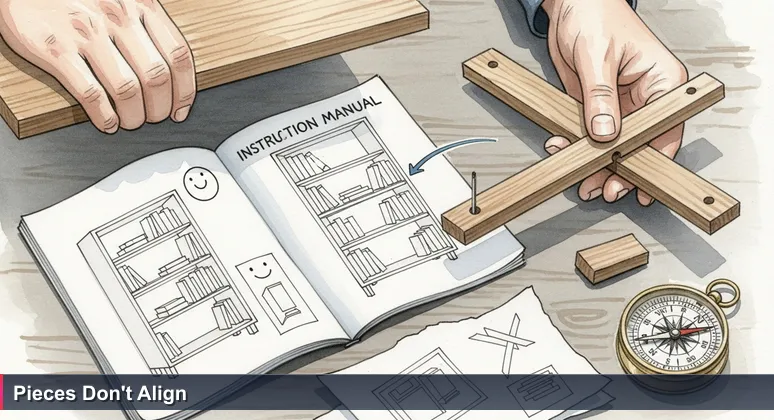 Hands holding misaligned flat-pack furniture pieces with an instruction manual showing perfect assembly, symbolizing the challenge of balancing tech salaries with Dutch living costs.