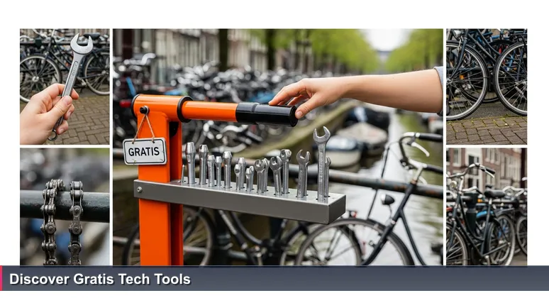 Hands exploring a vibrant orange public bike repair stand in Amsterdam, with tools and a 'Gratis' sign, symbolizing free tech resources in Dutch libraries.
