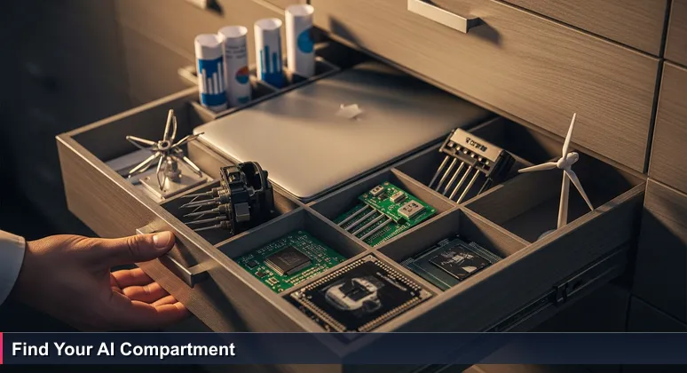 A close-up of a hand opening a multi-compartment drawer in a Dutch workshop, with tools like a laptop, soil sensor, medical chip, and wind turbine model representing AI applications in various industries.
