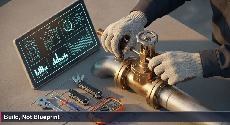 Close-up of skilled hands adjusting a dyke valve with a digital control panel, symbolizing practical tech work in the Netherlands.