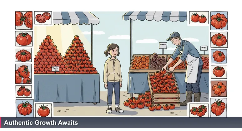 A metaphorical farmer's market scene showing the choice between glossy startup hype and authentic growth opportunities for junior developers in the Netherlands.