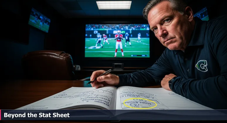 NFL scout in film room analyzing game tape with notes on intangibles, symbolizing tech career evaluation in Knoxville.