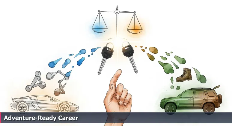 A person choosing between keys to a sports car and an SUV, representing the tech career decision between flashy coastal hubs and Knoxville's practical, adventure-ready lifestyle.