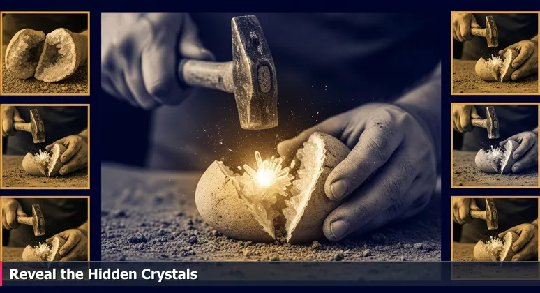 Geologist's hands in East Tennessee river silt cracking open a stone to reveal sparkling quartz crystals, symbolizing hidden AI potential in Knoxville.