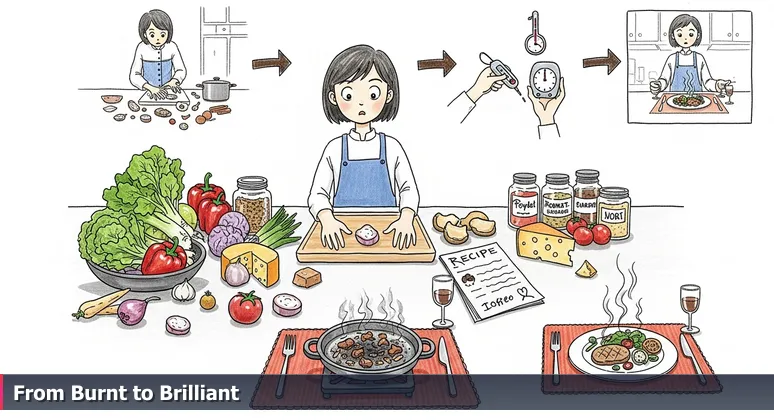 A kitchen counter with fresh ingredients and a recipe book next to a burnt dish, symbolizing the journey to AI engineering mastery in Knoxville.