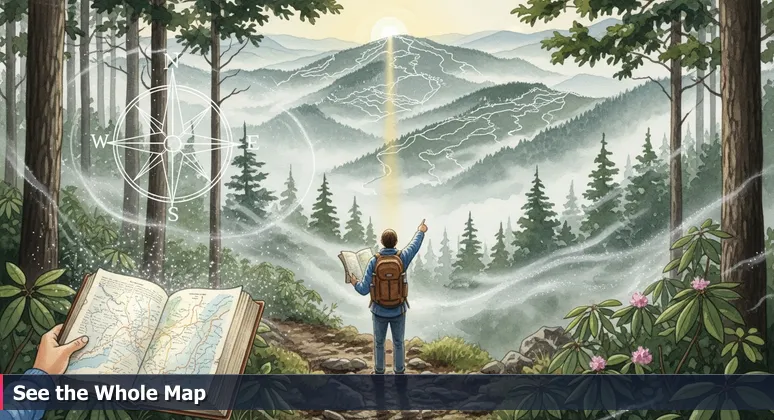 A lone hiker at a foggy trail fork in the Great Smoky Mountains, pointing towards a network of paths visible through the mist.