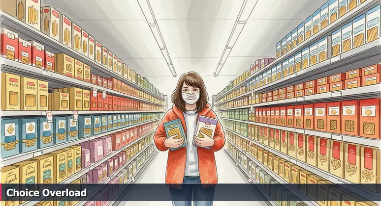 A person looking overwhelmed in a grocery store pasta aisle, symbolizing the abundance of tech career choices in Knoxville, Tennessee.