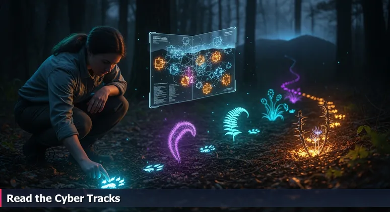 A wildlife biologist in an East Tennessee forest examining subtle animal tracks, symbolizing the expertise needed to decode Knoxville's unique cybersecurity job market signals.