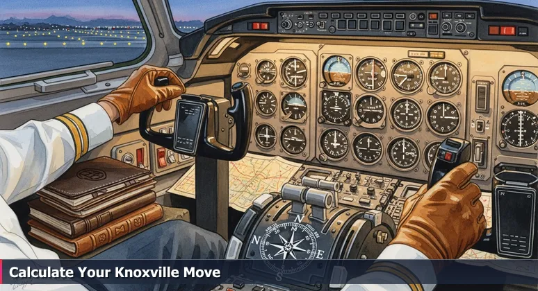 Close-up of a pilot's hands adjusting cockpit dials with a handwritten note reading 'Payload vs. Range' and Knoxville's McGhee Tyson Airport runway visible outside.