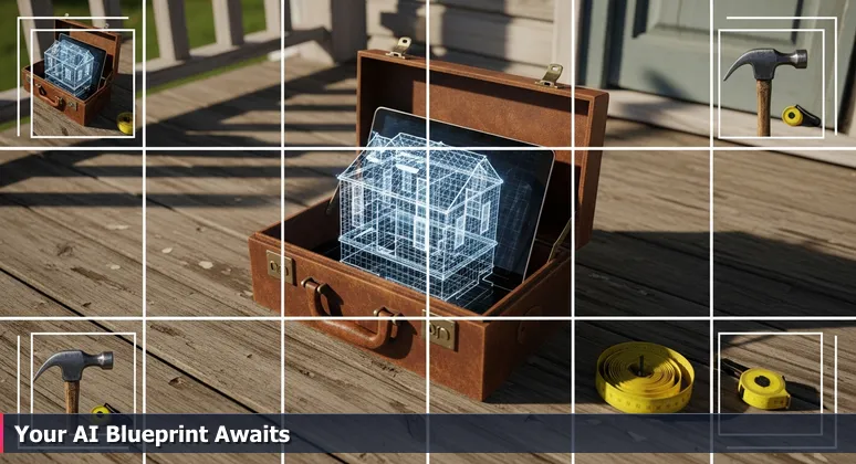 A contractor's toolbox on a porch with traditional tools and a tablet displaying a 3D energy grid model, symbolizing AI in Knoxville's industries.