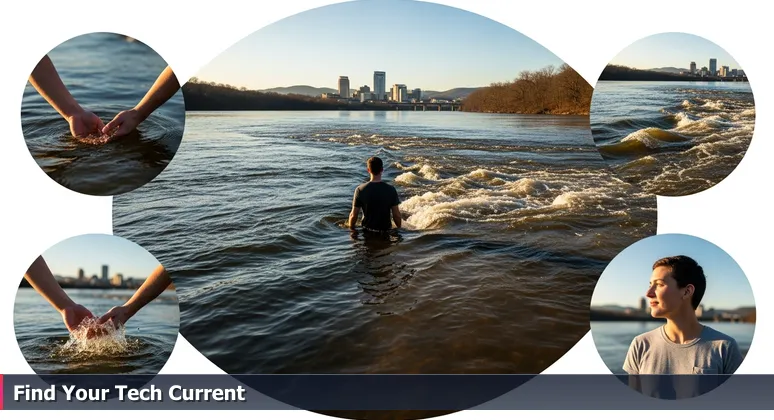 A person at the Holston and French Broad river confluence in Knoxville, symbolizing women in tech merging community streams for professional growth.