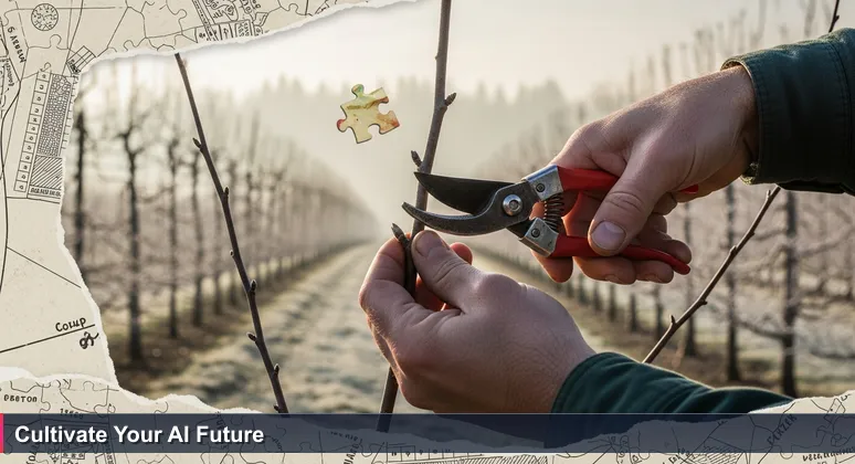 Close-up of hands pruning an apple tree in a Yakima Valley orchard, symbolizing intentional career growth in AI.