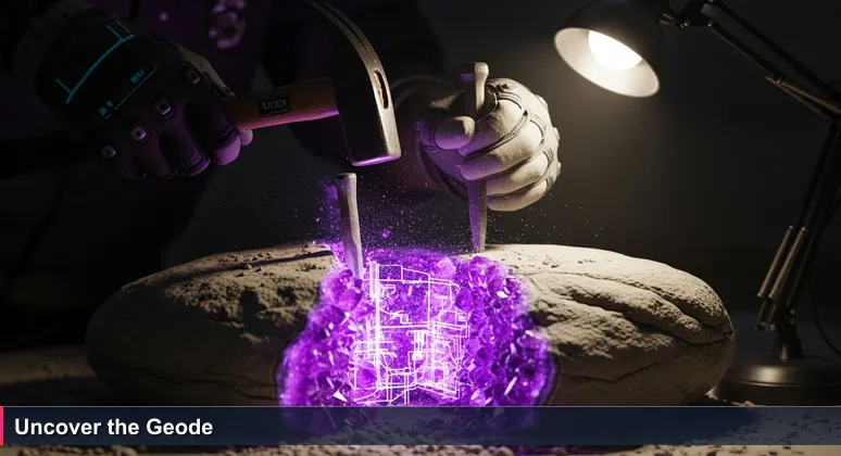 A hand using a hammer and chisel to crack open a dusty river rock, revealing sparkling purple amethyst crystals inside, symbolizing Yakima's hidden tech opportunities.