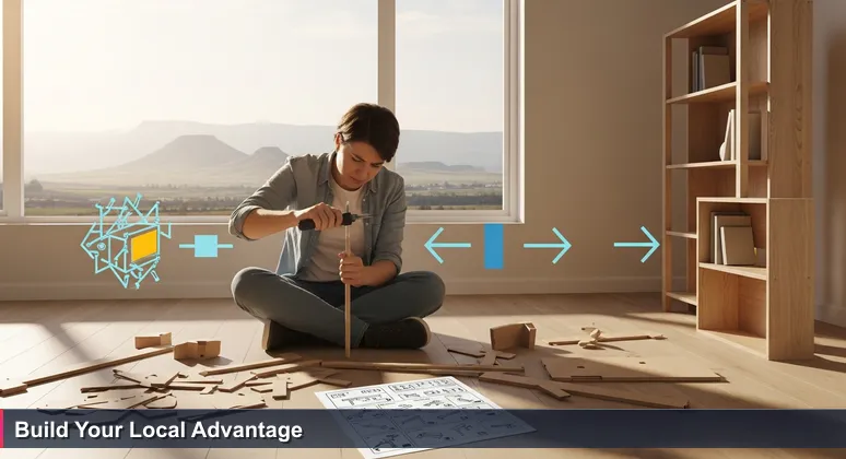 A determined person in a Yakima apartment assembling flat-pack furniture, with a view of Yakima Valley through the window, symbolizing the journey to build an AI career locally.