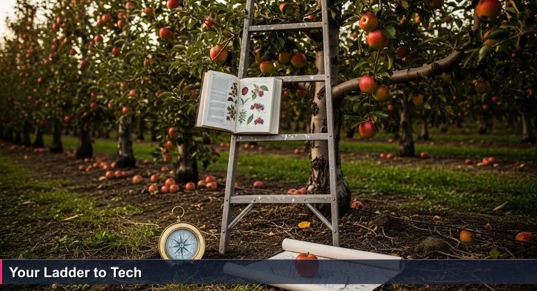A wooden ladder in a sun-drenched Yakima Valley orchard, symbolizing access to funding tools for tech training and career growth
