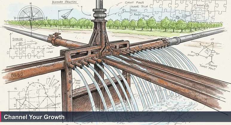 A close-up of a weathered irrigation headgate in a Yakima Valley orchard, distributing water to trees, symbolizing targeted AI networking for career growth.