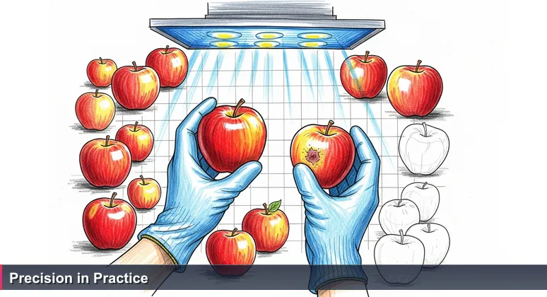 A worker's gloved hands sorting apples at a Yakima fruit packing facility under an AI-powered optical scanner, highlighting precision in agricultural AI engineering.