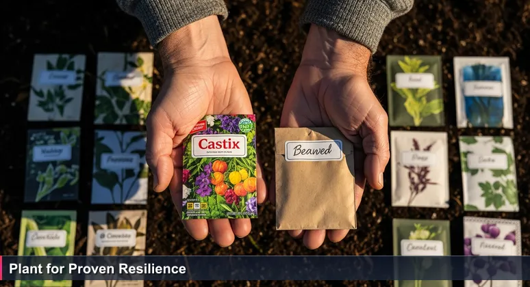 Weathered hands hold two seed packets over dark soil in Yakima Valley, symbolizing career choices between flashy and resilient tech paths.