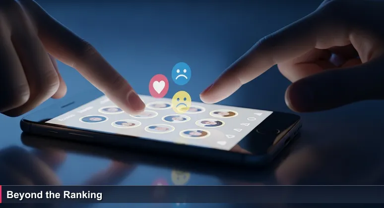 Close-up of hands over a smartphone screen showing a 'Top 10 Friends' list, symbolizing the anxiety of ranking personal and professional choices in Yakima's tech landscape.