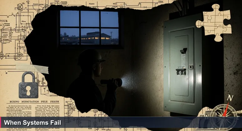 A person in a dim basement inspects a tripped circuit breaker with a flashlight, while through a window, a fruit-packing facility's lights flicker against a dusk sky, symbolizing cybersecurity threats to critical infrastructure in Yakima, WA.