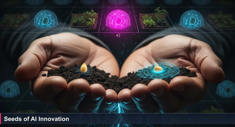 A gardener's hands hold two heirloom tomato seeds, one placed on soil and another tagged for a high-tech vault, representing AI startups' potential in Yakima's agriculture.