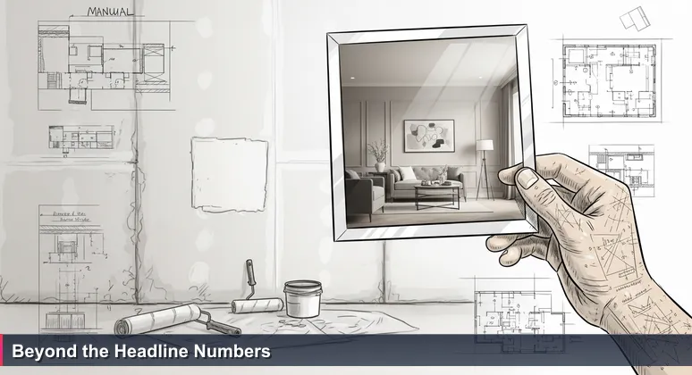 A hand holding a perfect home renovation after-photo, with blurred renovation tools and unpainted wall in background, symbolizing Yakima's hidden living costs.