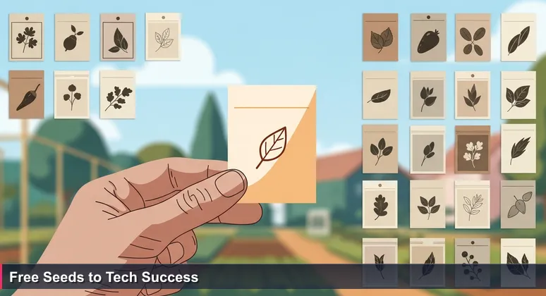 A hand holding a free seed packet in a vibrant Yakima community garden, symbolizing accessible tech training for career growth.