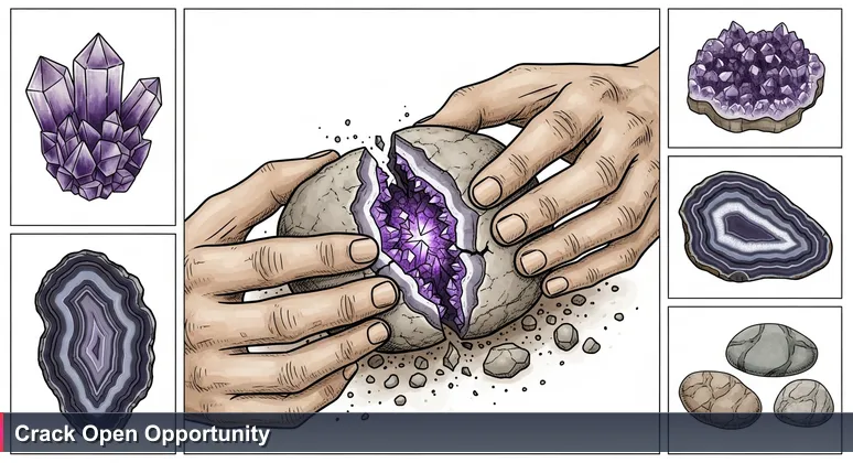 Hands covered in earth cracking open a river rock to reveal a sparkling purple geode, symbolizing hidden AI opportunities in Yakima's industries.