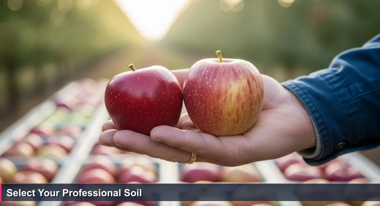 A farmer's hand holding a Red Delicious and Cosmic Crisp apple in a Yakima orchard at dawn, symbolizing choice between traditional and innovative tech workspaces.