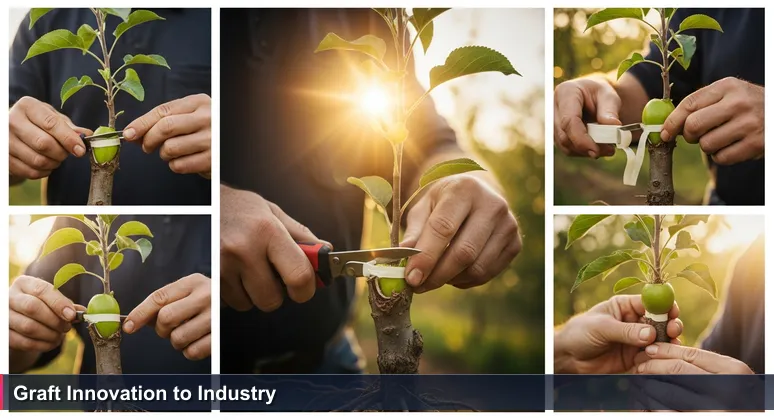 Experienced hands grafting a young scion onto an apple tree rootstock in a sunlit Yakima Valley orchard, symbolizing tech careers rooted in local industry.