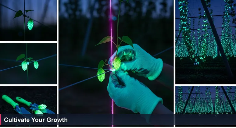 Hands tying a young hop vine to a trellis in a Yakima hop yard, representing structured support for women in tech careers.