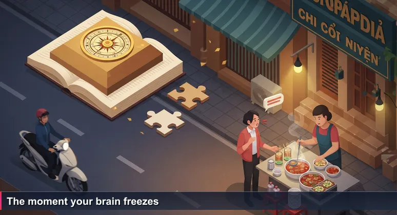 A young person frozen mid-order at a pho stall in Hanoi, with the vendor patiently waiting, symbolizing the gap between learning theory and handling real-world AI challenges.