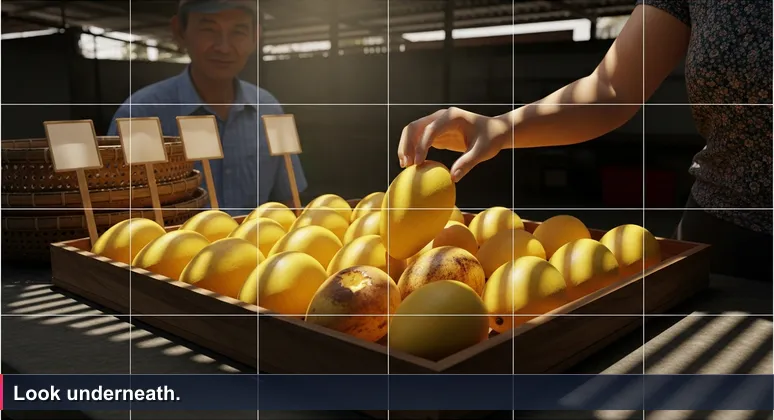 A hand lifting a mango from a tray at a Vietnamese market, revealing a hidden bruise, symbolizing the need to look beneath surface-level salary rankings.