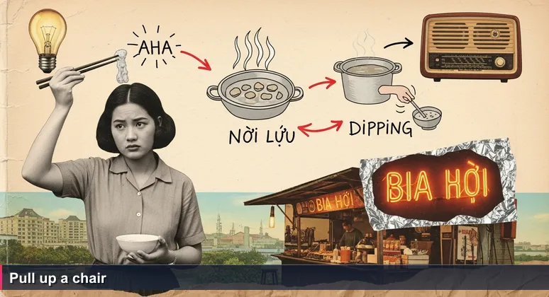 A young woman hesitates with chopsticks at a Hanoi street food stall, steam rising from a hot pot, neon bia hơi sign glowing, capturing the anxiety of entering Vietnam's 2026 tech job market.
