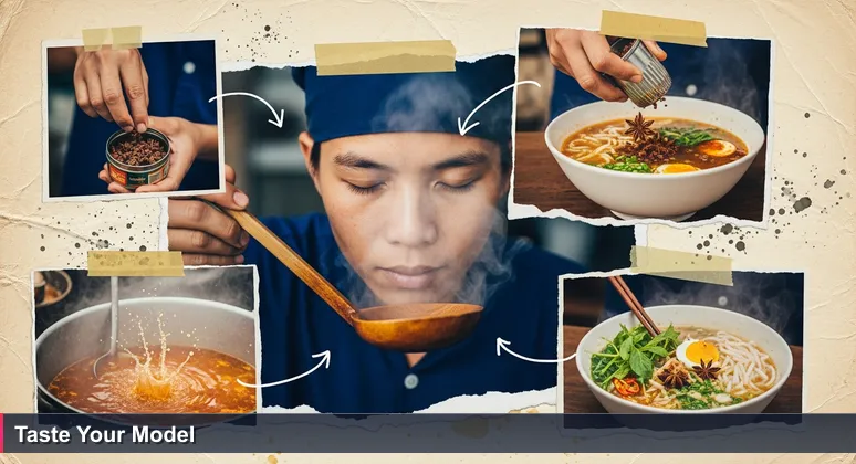 A young cook tasting phở broth at a street-side kitchen in Ha Noi, representing the tacit knowledge needed to become an AI engineer.