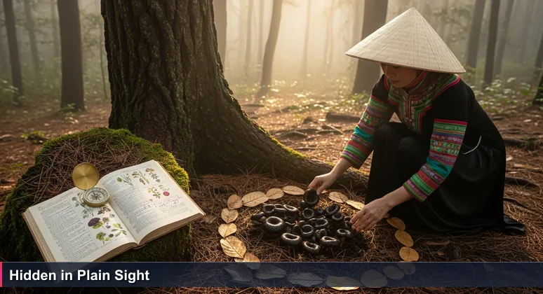 Woman in traditional conical hat crouching in misty pine forest in Đà Lạt, brushing aside leaves to reveal a cluster of glossy black mộc nhĩ mushrooms, morning light filtering through fog.