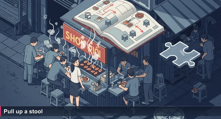 A young woman holding a plastic stool at a bustling bún chả stall in Ha Noi, steam rising from grills, regulars chatting, embodying the start of an AI networking journey.