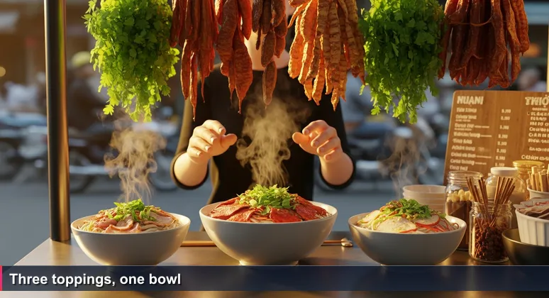 A woman's hands holding a steaming bowl of bún chả at a Hanoi street stall, with hanging meats and herbs, blur of scooters behind.