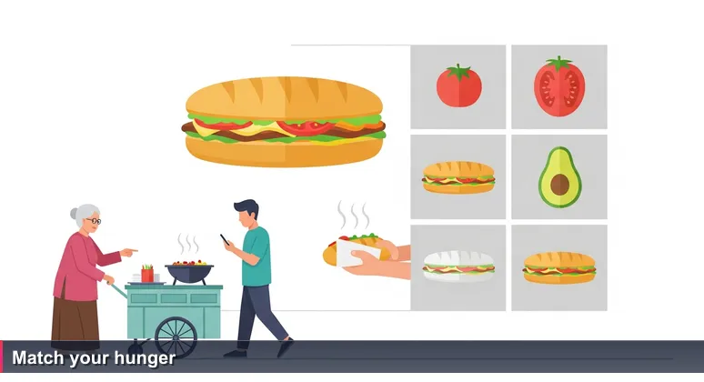 Young man in HCMC frozen by phone food app reviews while a grandmother points at the bánh mì stall, illustrating decision paralysis between highly-rated tech programs.