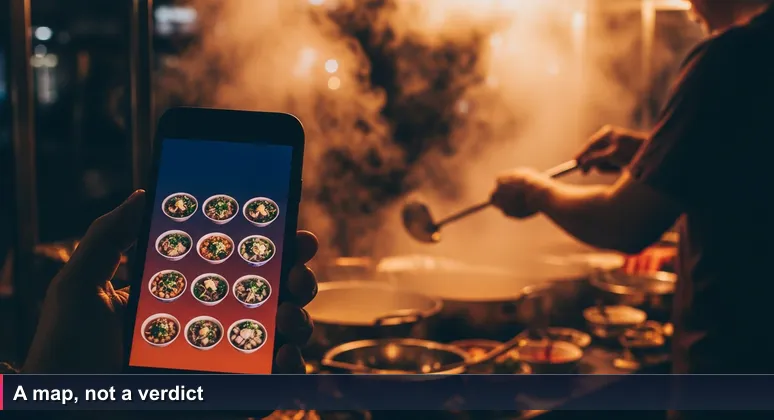 A hand holding a smartphone displaying a 'Top 10 AI Bootcamps in Vietnam' listicle, steam from a pho stall in Hanoi blurring the text, a cook with a ladle in the background.
