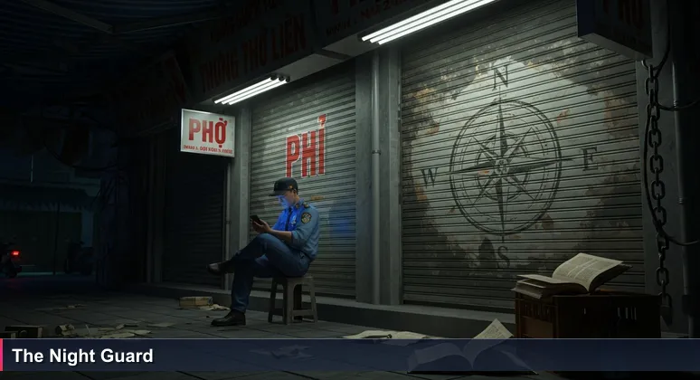 Night market alley in Hanoi at 2 AM with a security guard on a plastic stool, phone glowing, metal shutters down