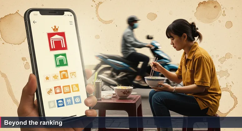 A young woman in Ho Chi Minh City sits on a plastic stool at a sidewalk café, holding a phone displaying a ranked list of restaurants, with a bowl of phở and a blurring motorbike in the background, symbolizing the paradox of choice between data and lived experience.