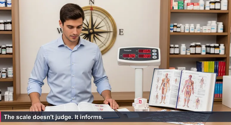 A young man in a pharmacy standing on a digital weighing scale, looking down with raised eyebrows as the red LED display shows a higher number than expected. Next to him are medicine boxes and a receipt.