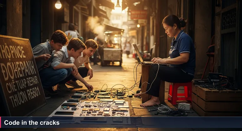 A woman in a Hanoi alley repairing phone parts while teaching Python to two teenagers on a laptop balanced on a wooden crate.