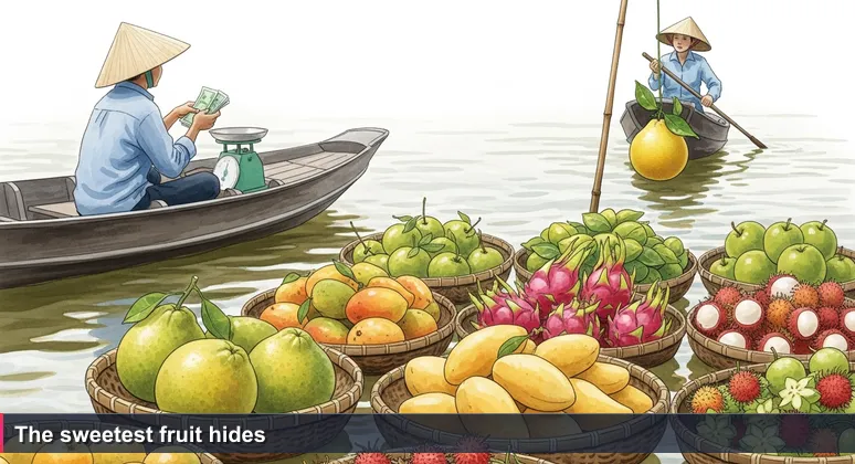 A buyer in a wooden boat at a Mekong Delta floating market squints at a vendor's fruit pole, deciding whether to paddle closer, symbolizing hidden AI job opportunities.