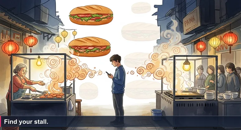 Hanoi street corner at dusk with two bánh mì stalls facing each other; steam rises as a customer stands between them, deciding which to choose.