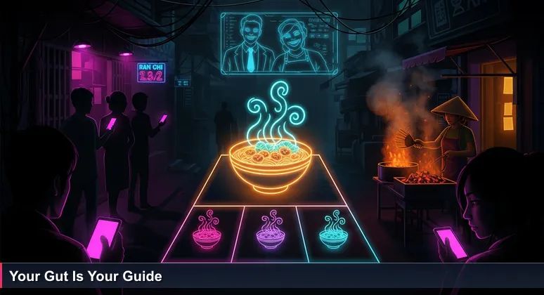 Queue of young Vietnamese diners at a street food stall in Hanoi's Old Quarter, steam rising from a charcoal grill, with a faded photo of Obama and Bourdain on the wall.