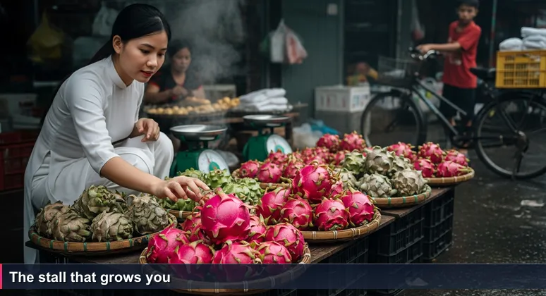 A young woman in ao dai choosing between two baskets of dragon fruit at Long Biên market in Hanoi, symbolizing the decision juniors face when picking a startup.