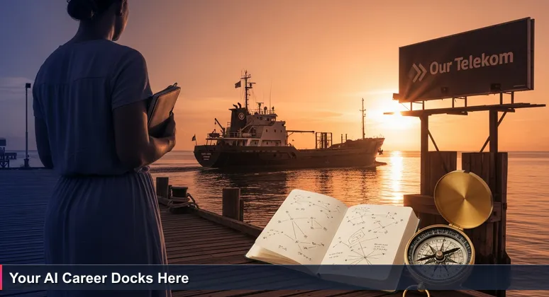 A woman on a wooden wharf at Point Cruz, Honiara, watches a supply ship approach. She holds a notebook, Our Telekom billboard behind, morning sun. Represents AI career opportunity.
